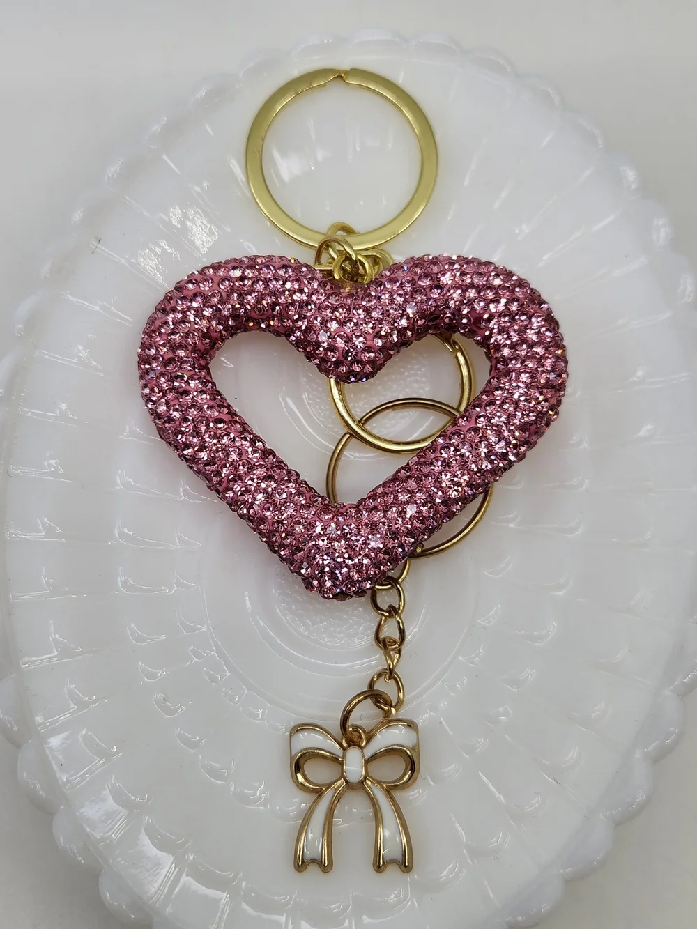 Pink Crystal Heart Keychain with Gold Bow Charm